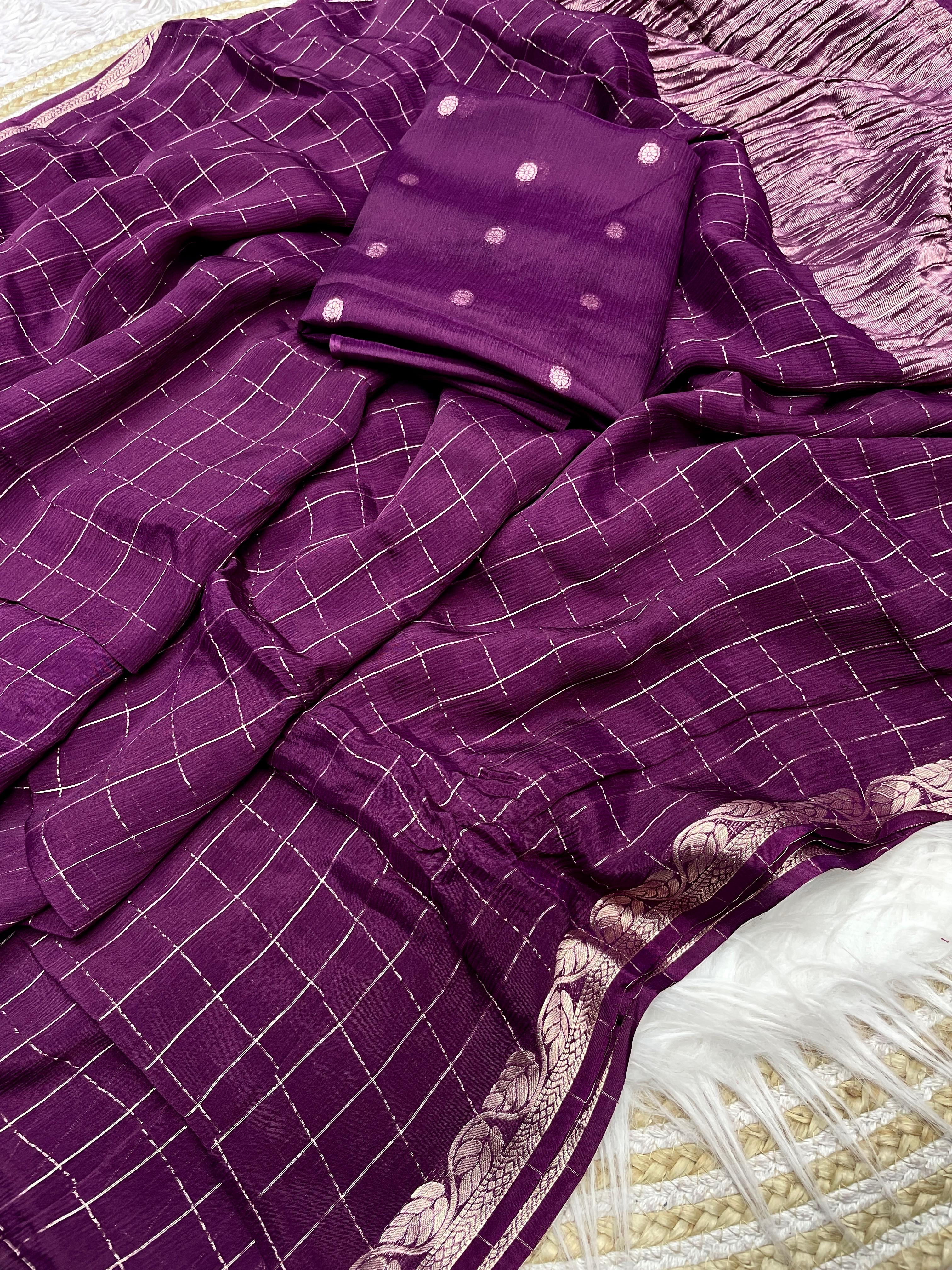 Wine Checked Saree with Golden Zari Border - image 1