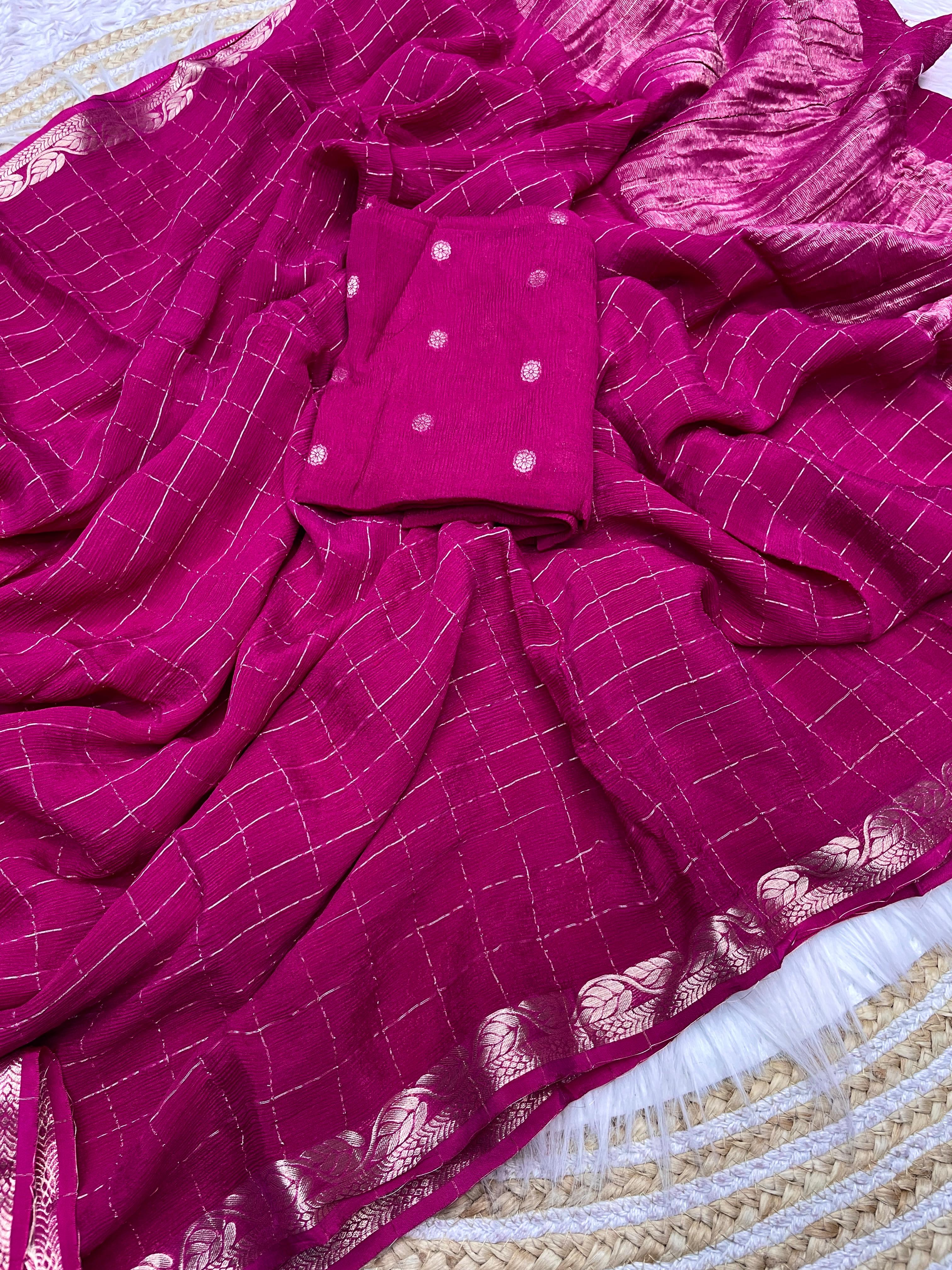 Rani Pink Checked Saree with Golden Zari Border - image 1
