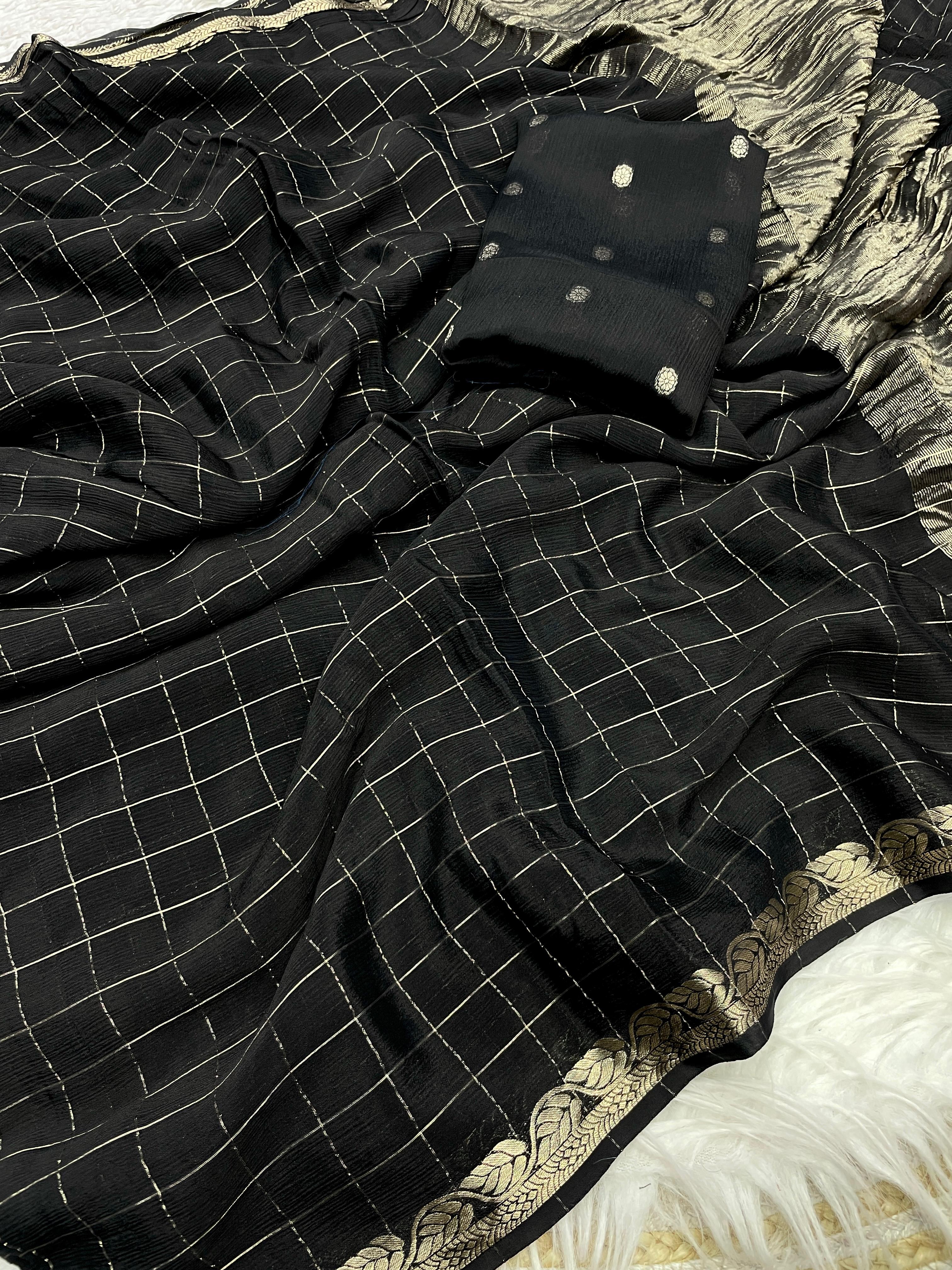 Black Checked Saree with Golden Zari Border - image 1