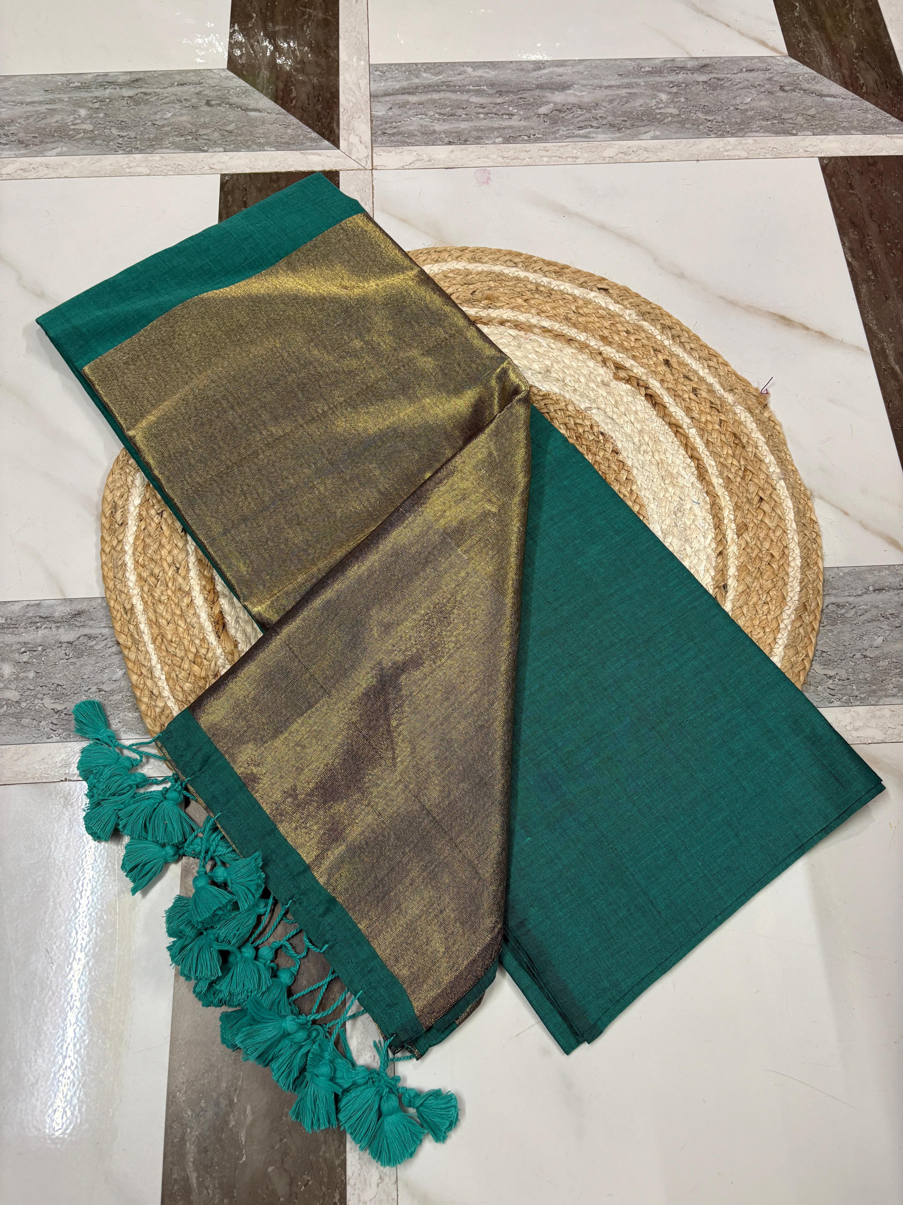 Graceful Light Green Saree with Golden Border and Tassels - image 1