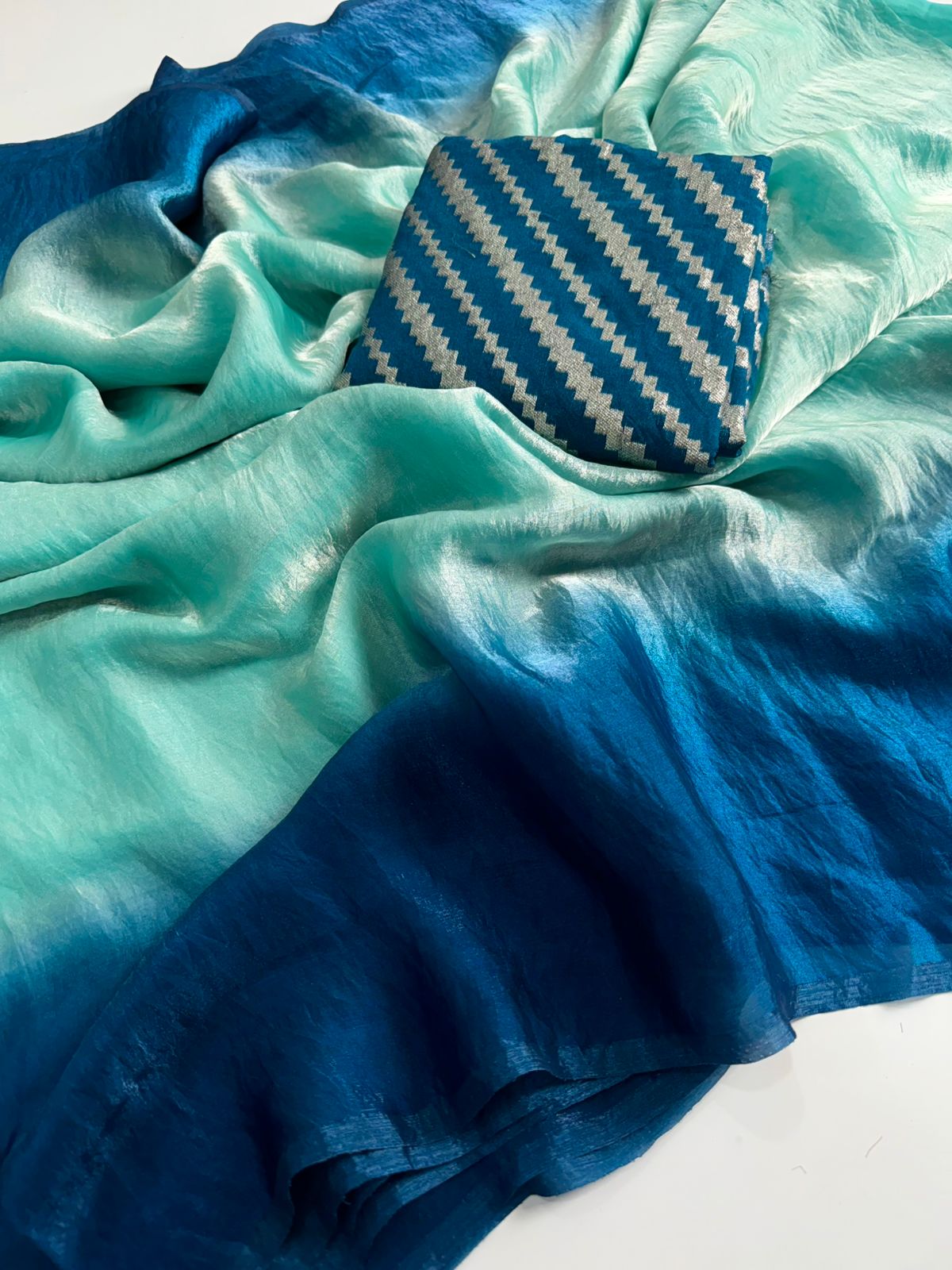 Classic Blue Ombre Cotton Silk Saree with Designer Blouse - image 1