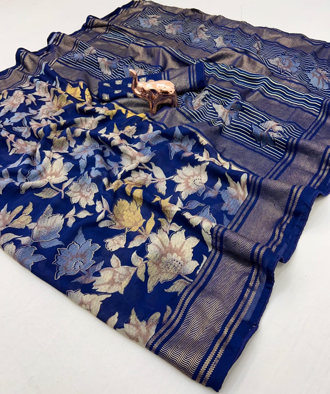 Royal Blue Floral Zari Saree - image 1