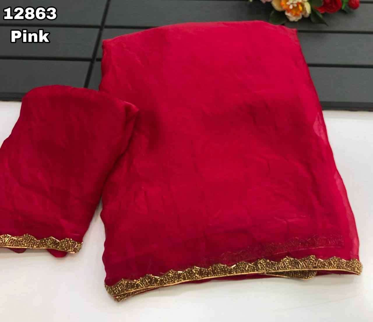 Pink Saree with Golden Lace Border