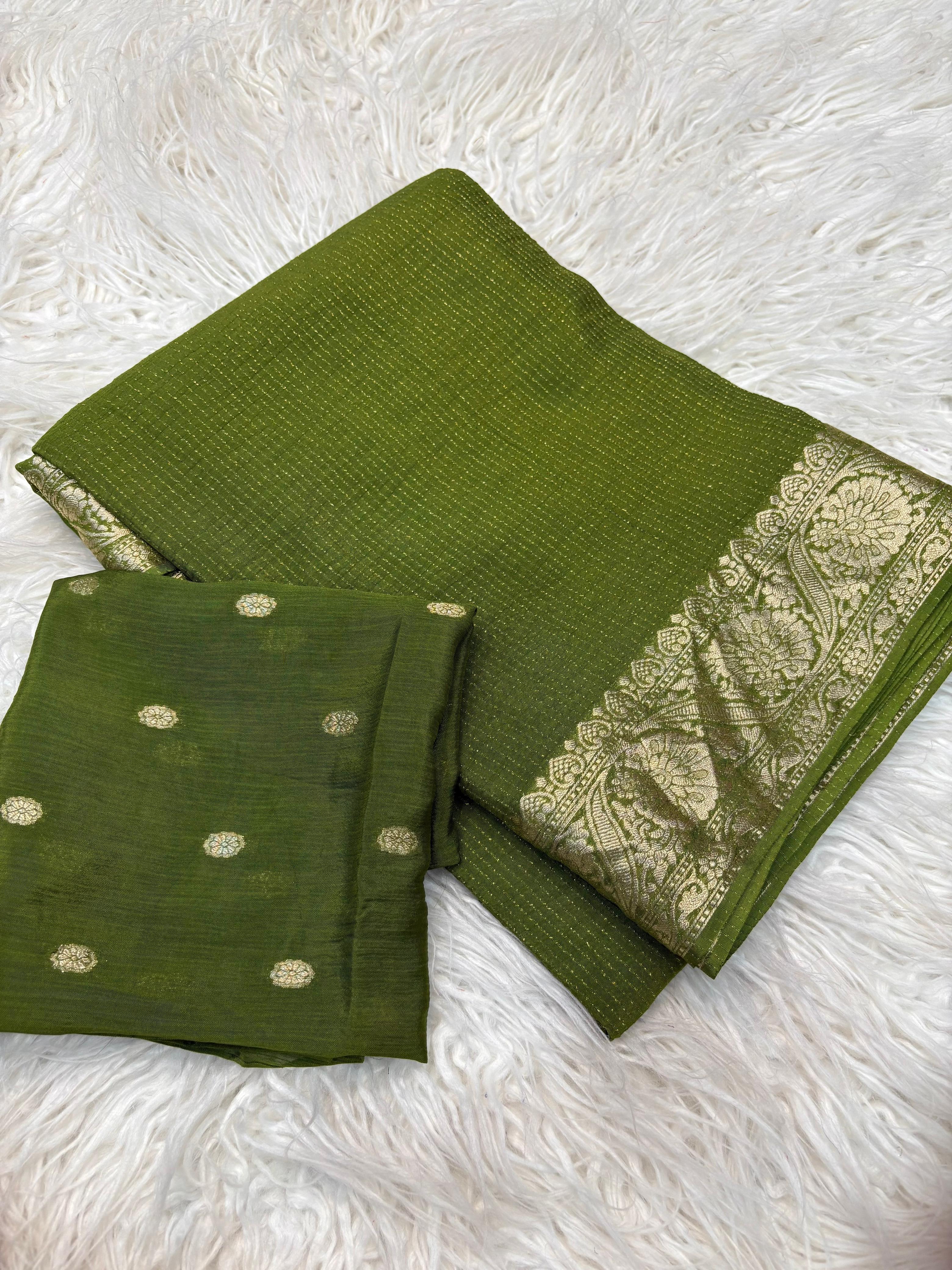 Olive Green Zari Border Saree