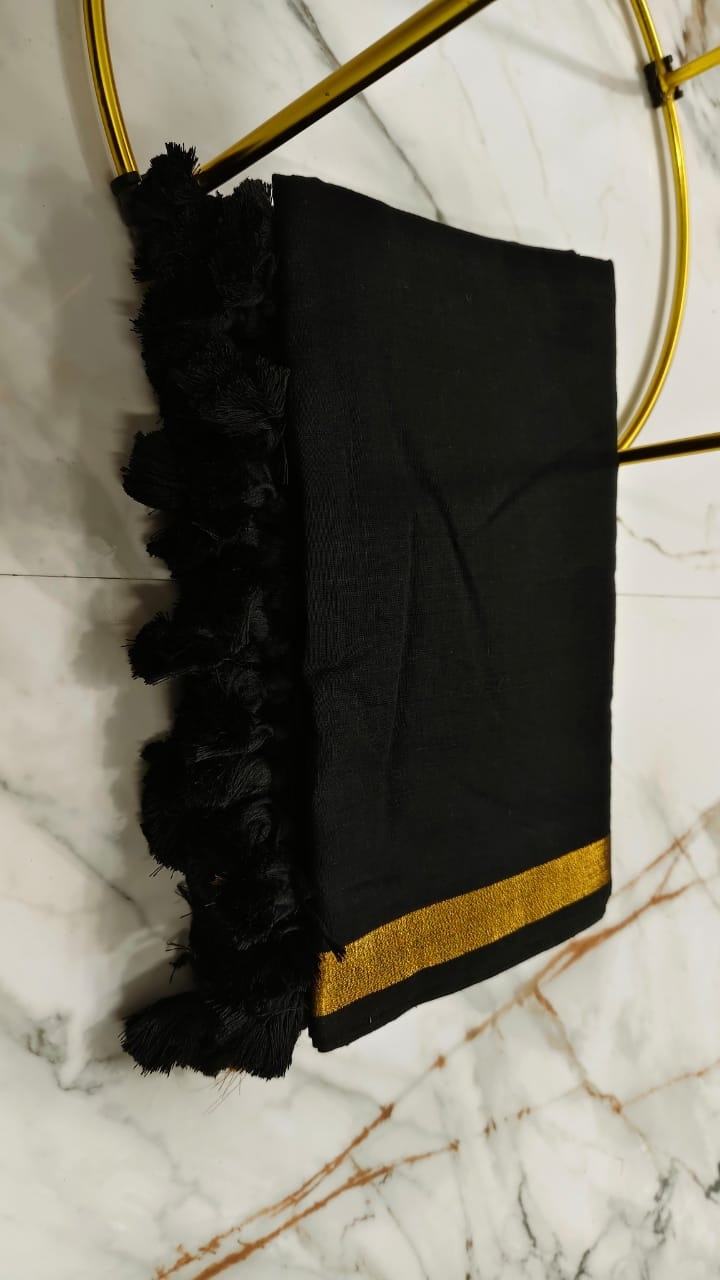 Elegant Black Handloom Cotton Saree with Golden Border & Tassel Pallu