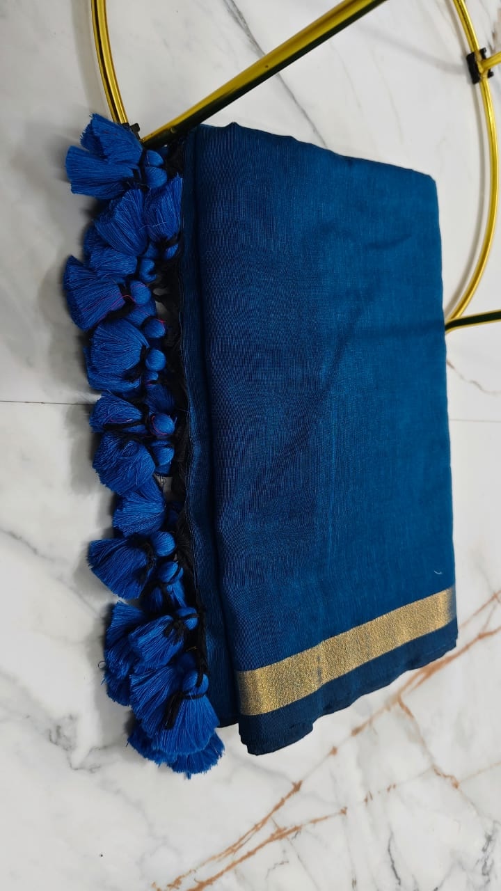 Royal Blue Handloom Saree with Golden Border & Tassel Accents