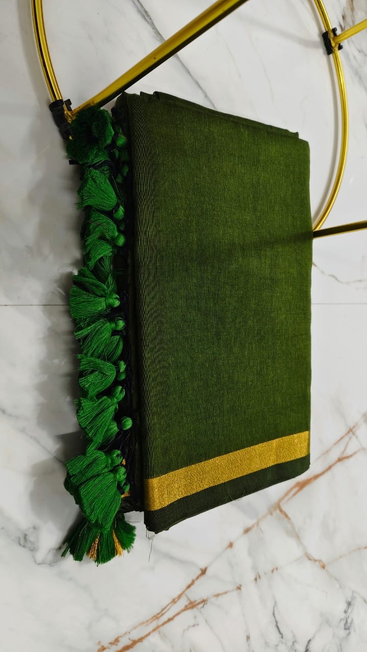 Classic Green Handloom Saree with Golden Border & Tassels