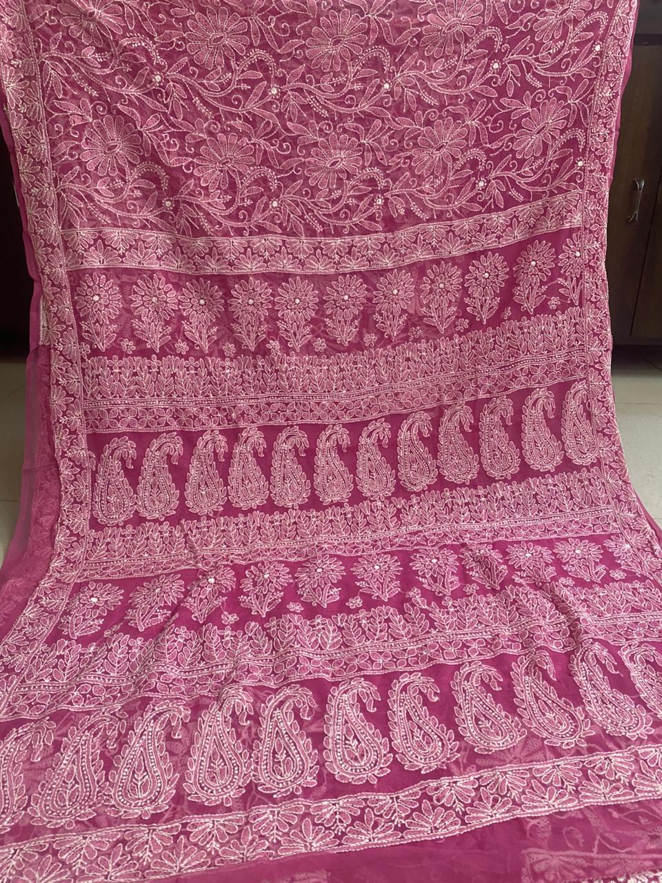 Pink Chikankari Saree with Floral & Paisley Embroidery