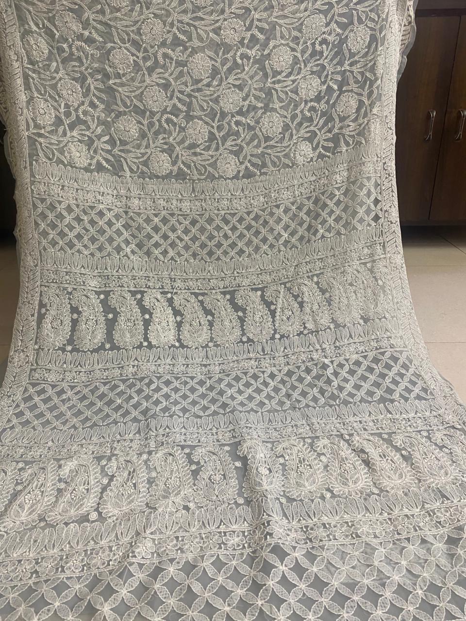 Grey Chikankari Saree with White Embroidery