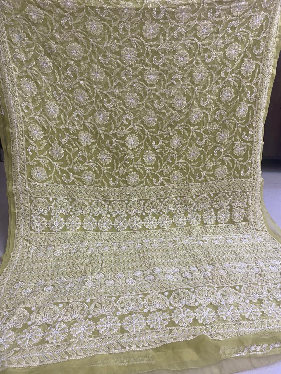 Green Chikankari Saree with Floral Patterns