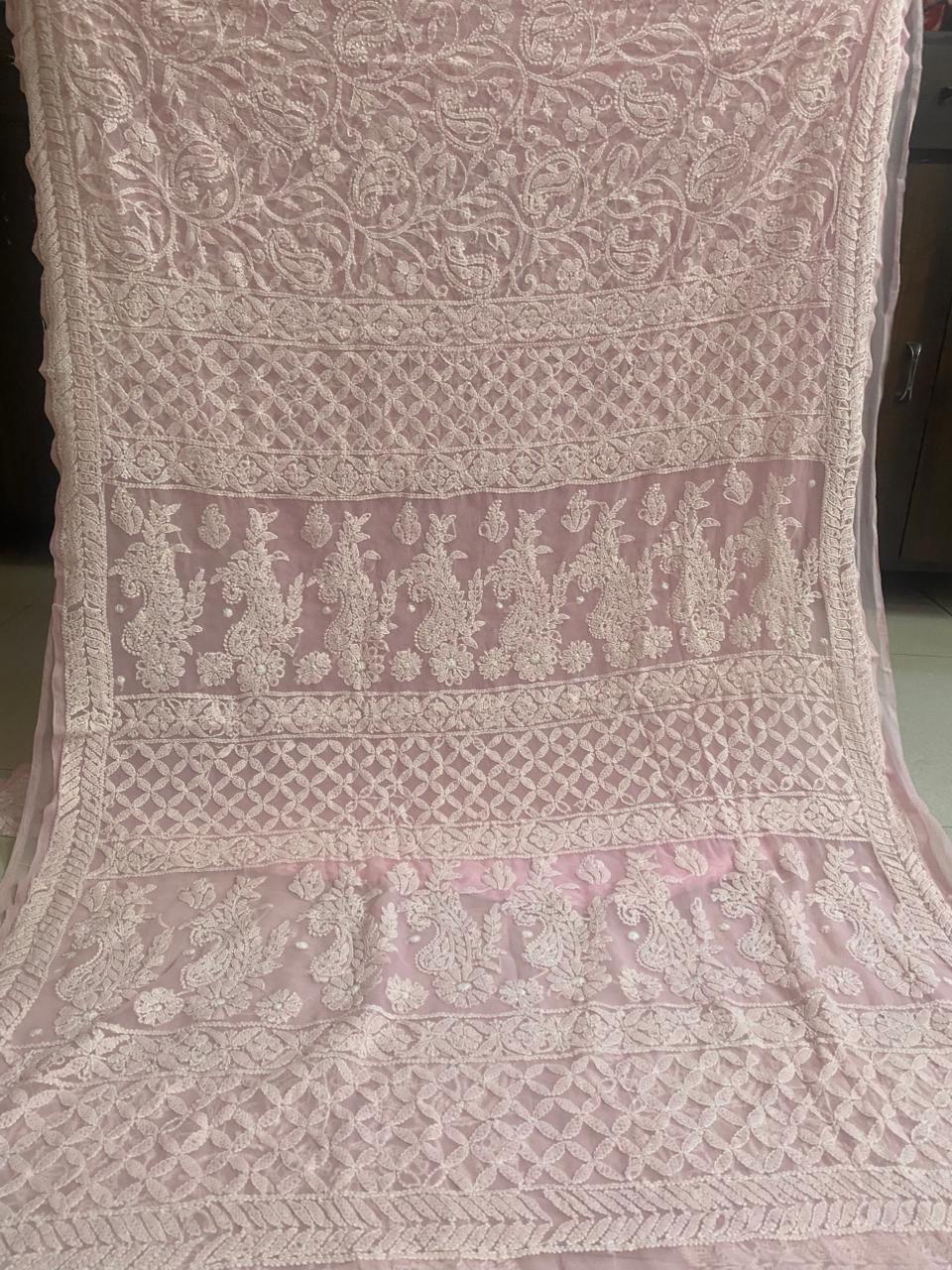 Light Rose Chikankari Saree with Subtle Embroidery