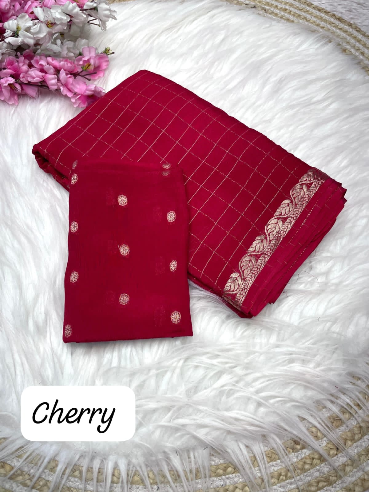 Cherry Red Checked Saree with Golden Zari Border
