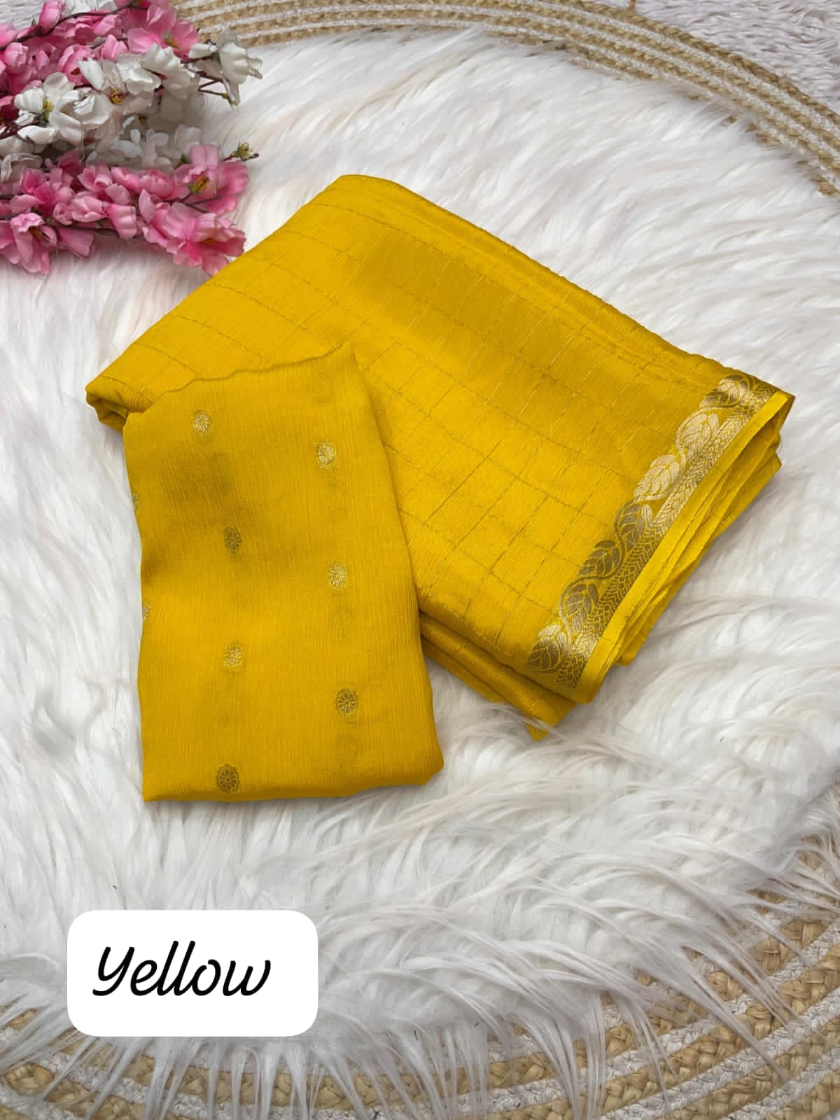Yellow Checked Saree with Golden Zari Border