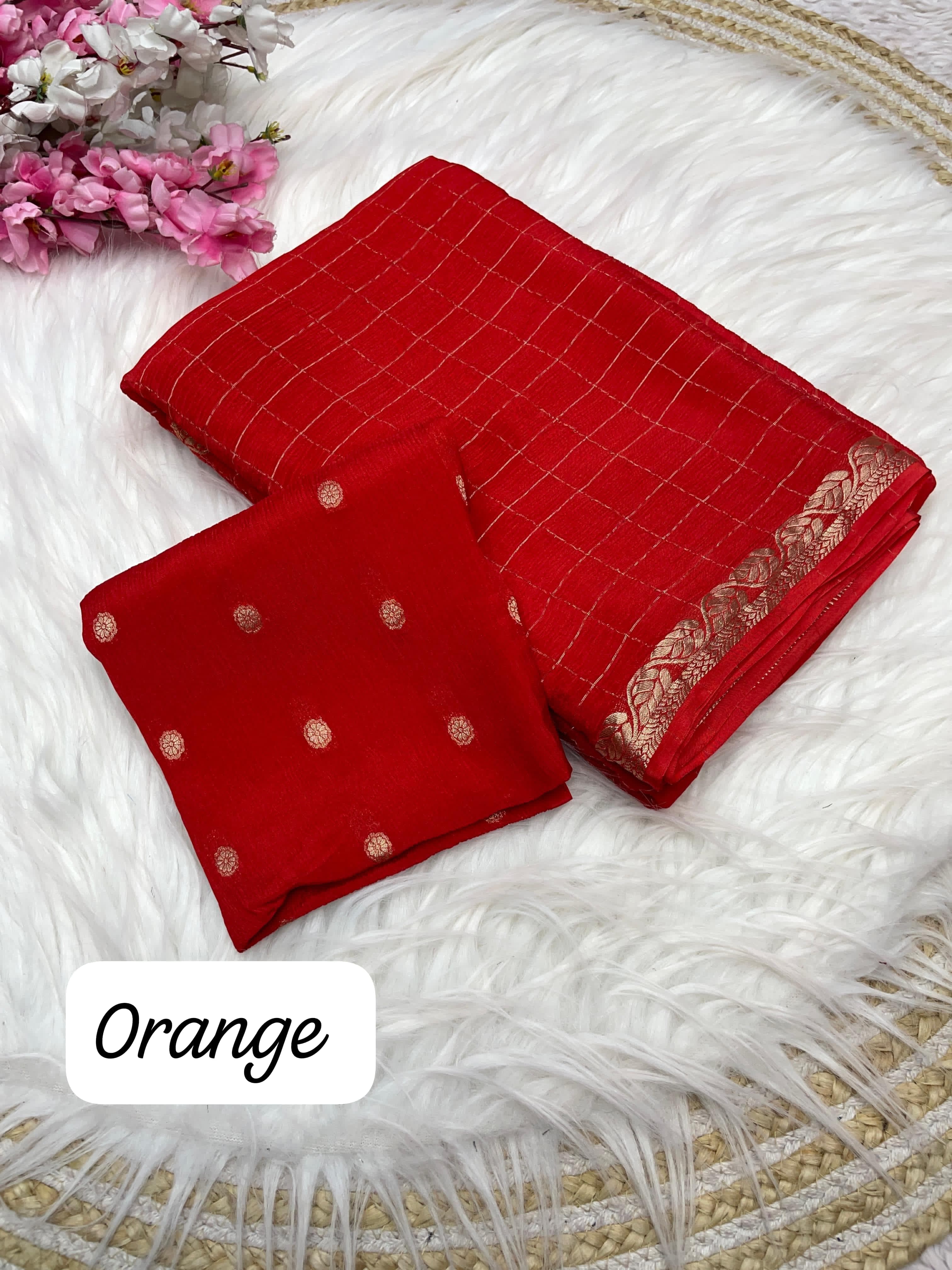 Orange Checked Saree with Golden Zari Border