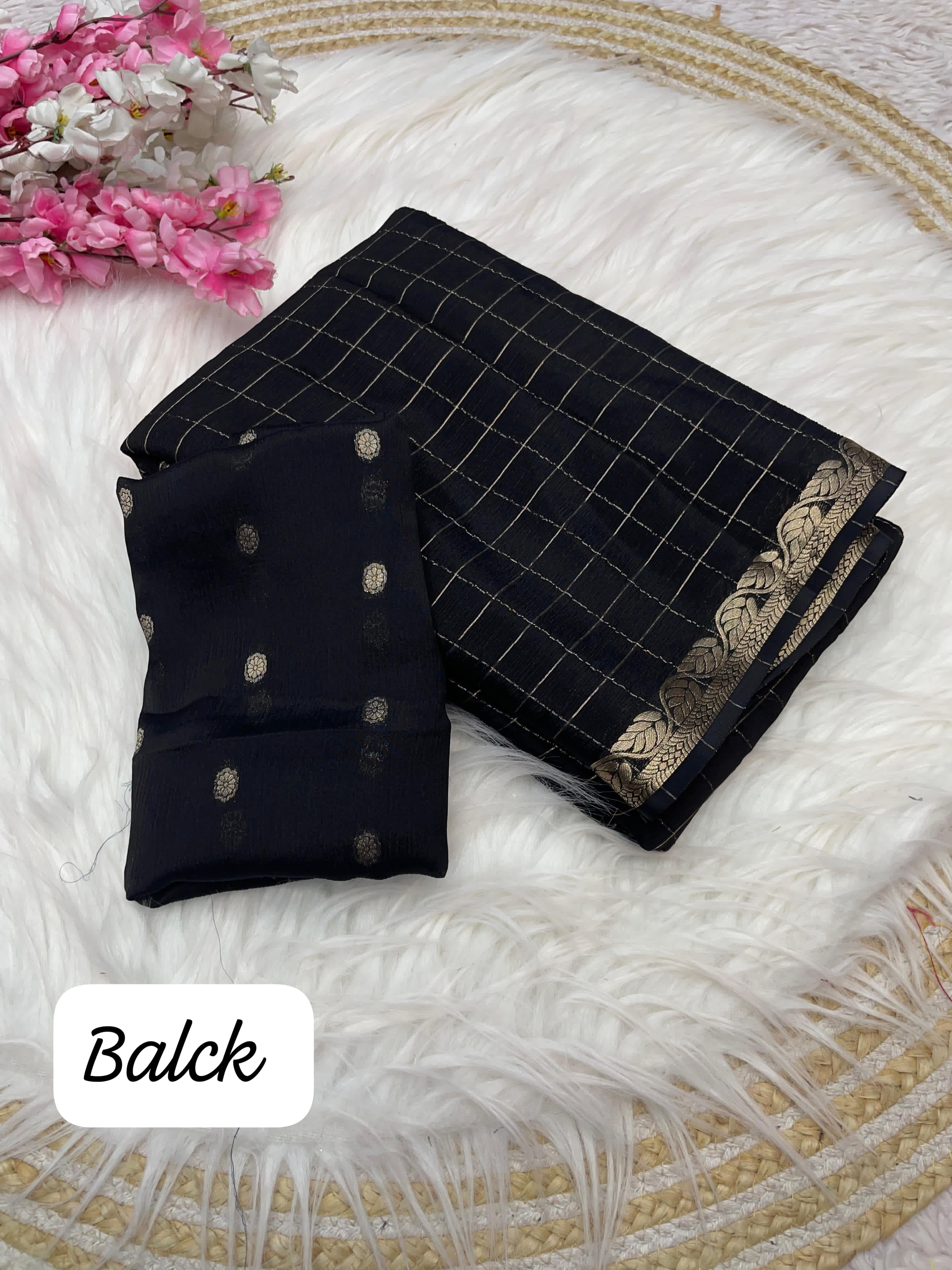 Black Checked Saree with Golden Zari Border