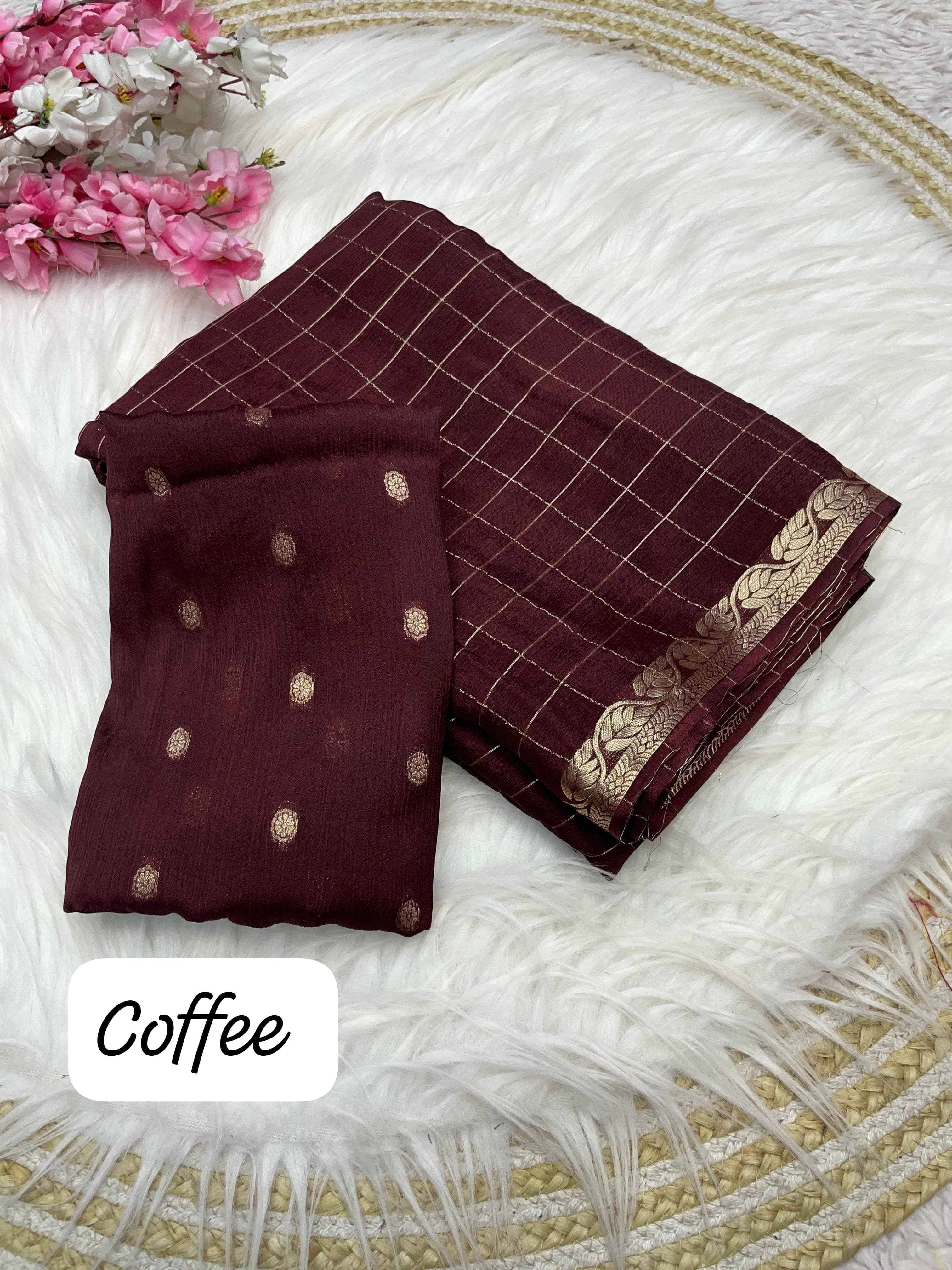 Coffee Brown Checked Saree with Golden Zari Border