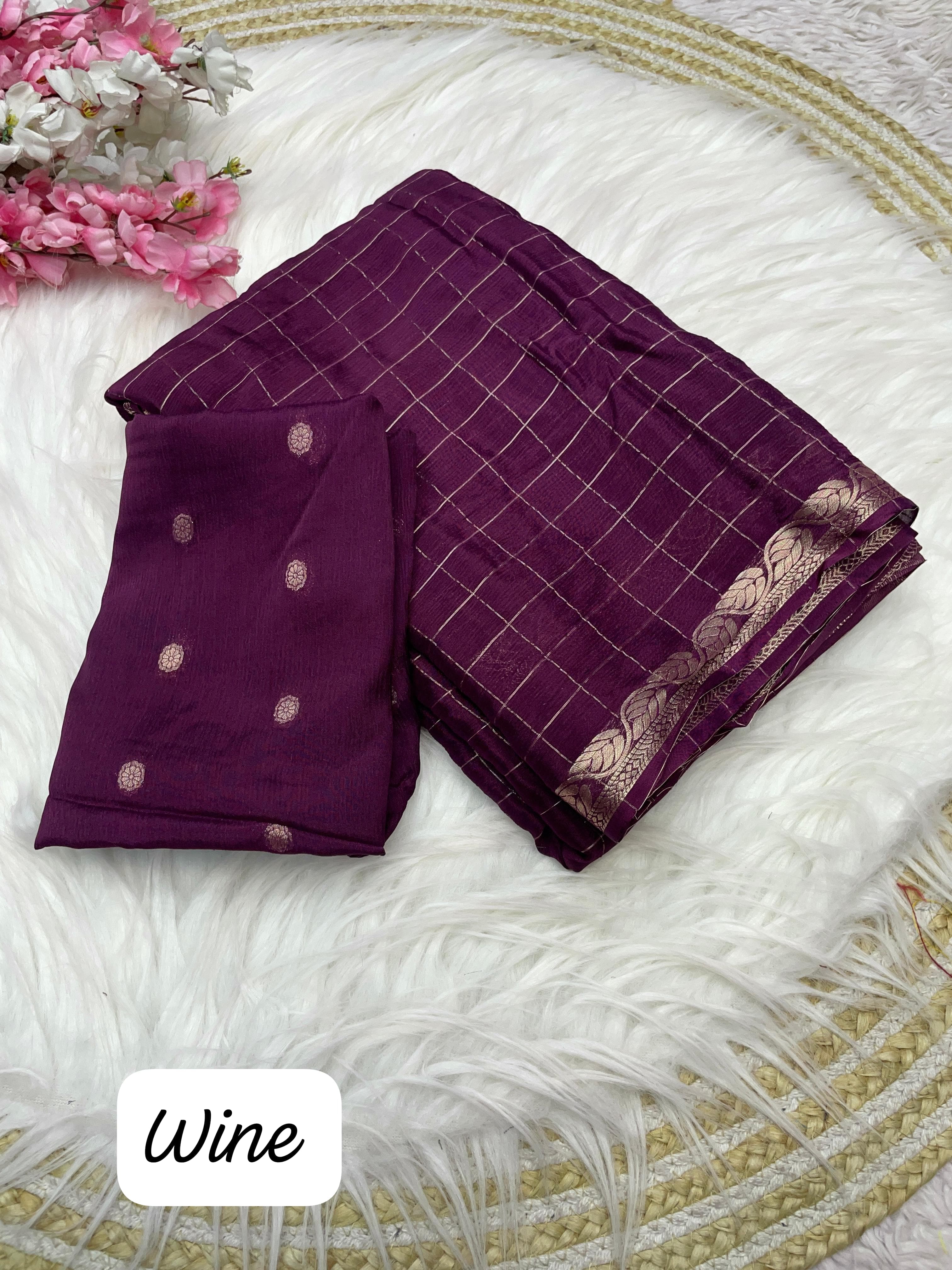 Wine Checked Saree with Golden Zari Border