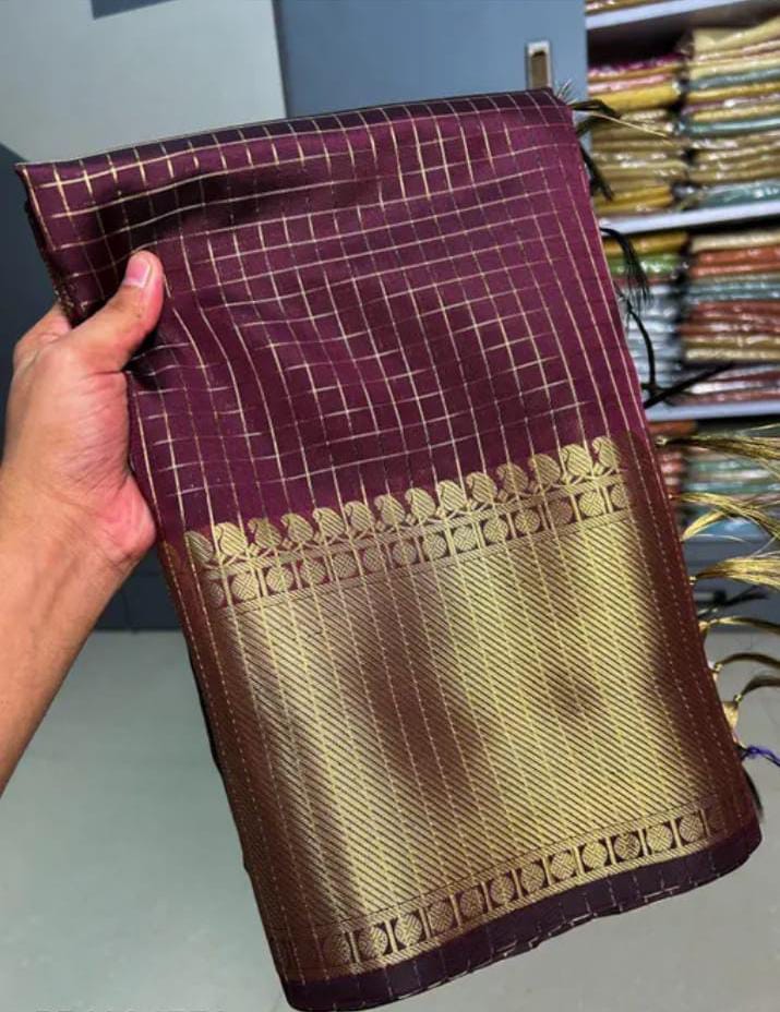 Maroon Checked Saree with Elegant Golden Zari Border