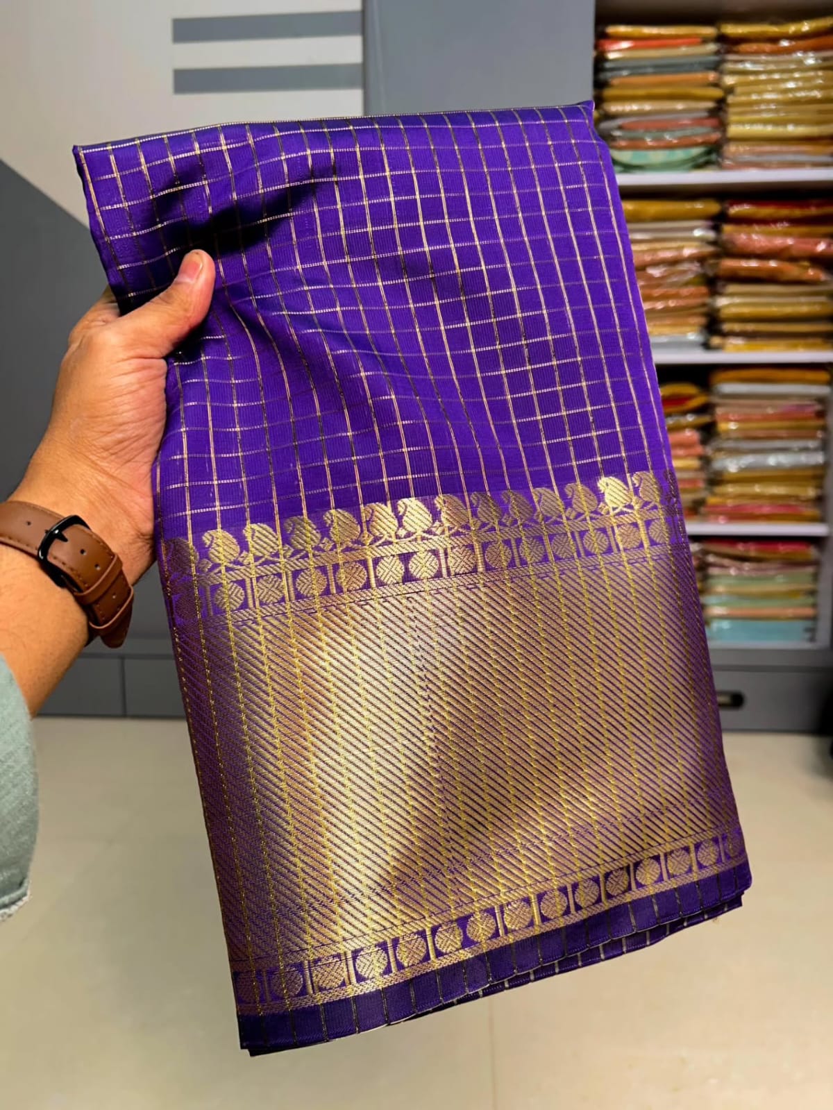 Purple Checked Saree with Elegant Golden Zari Border