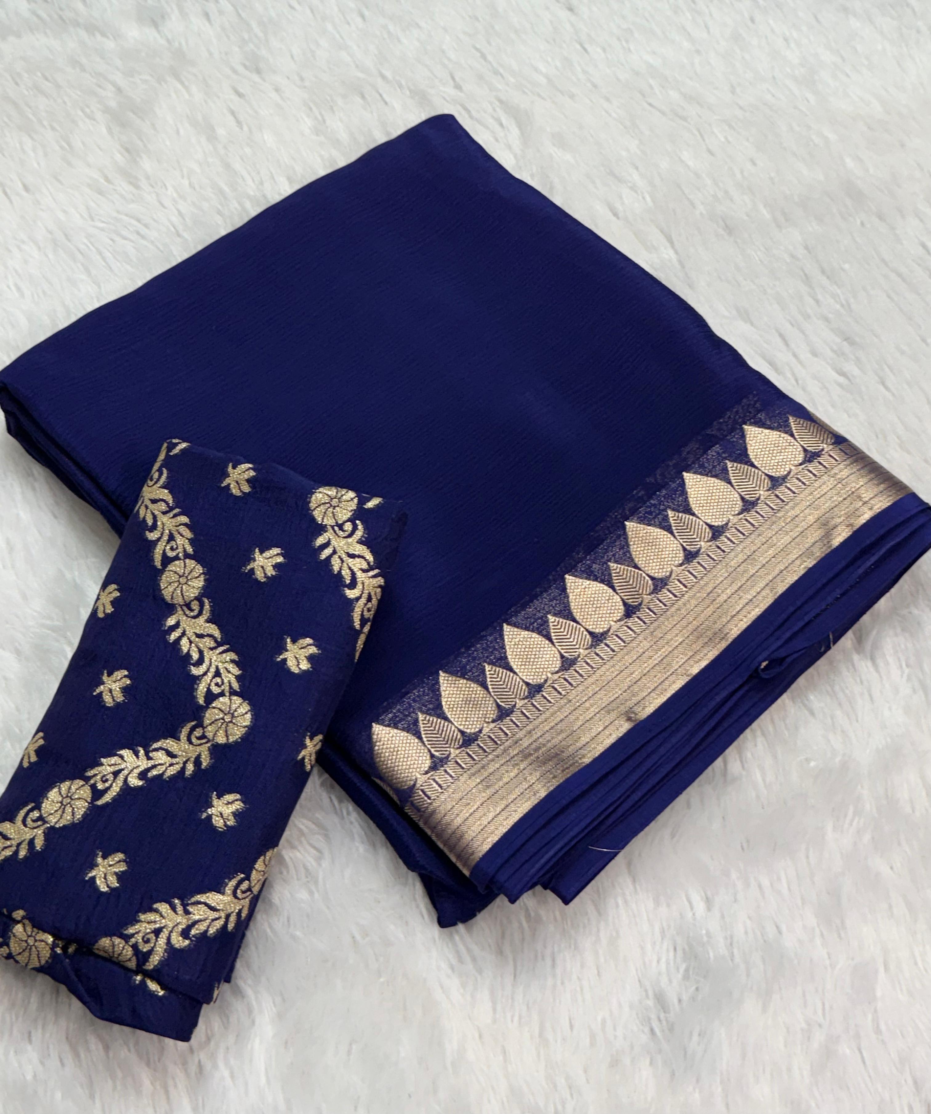 Elegant Navy Blue Saree with Golden Leaf Border