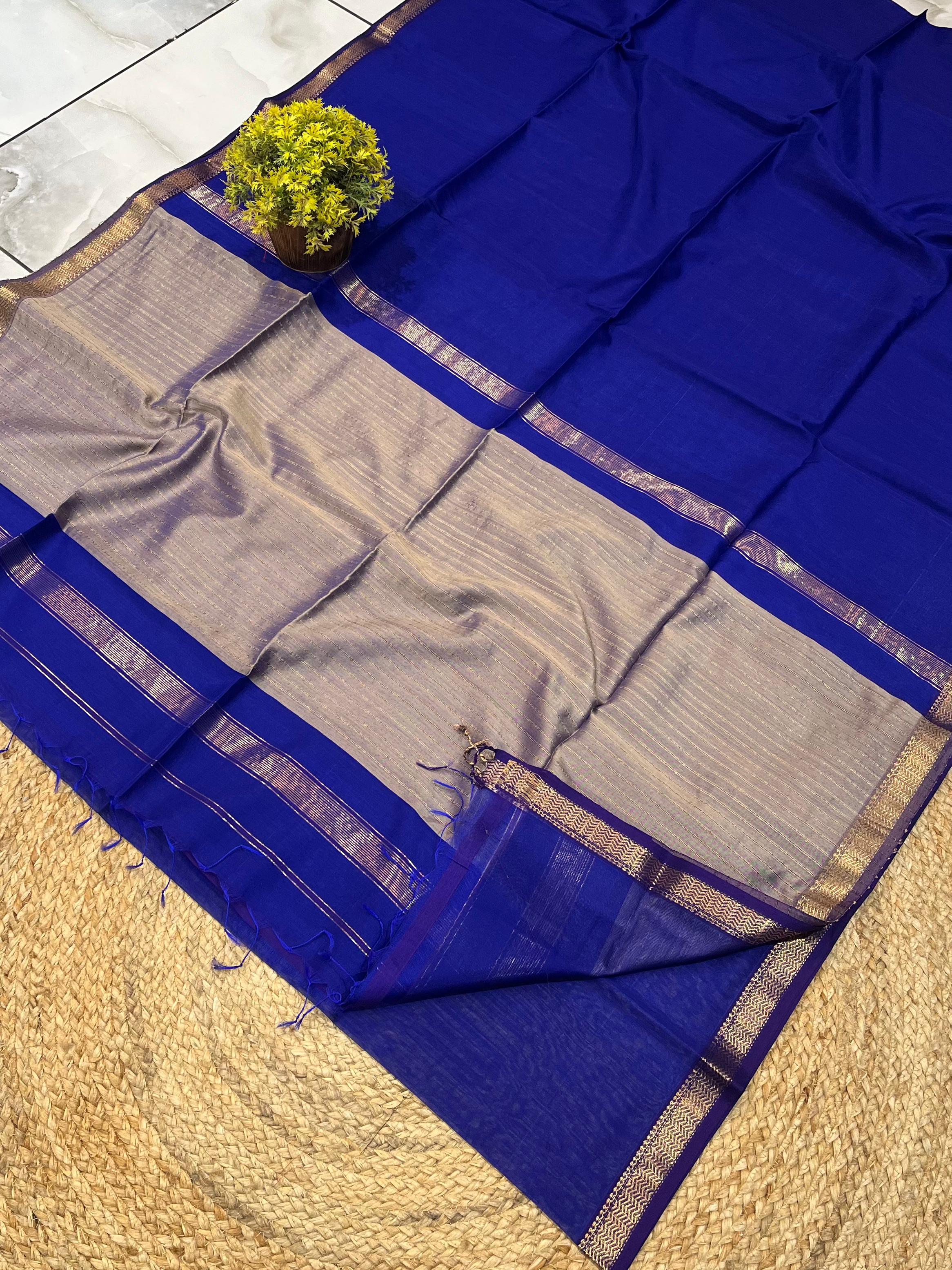 Royal Blue Saree with Silver-Golden Pallu & Zari Accents
