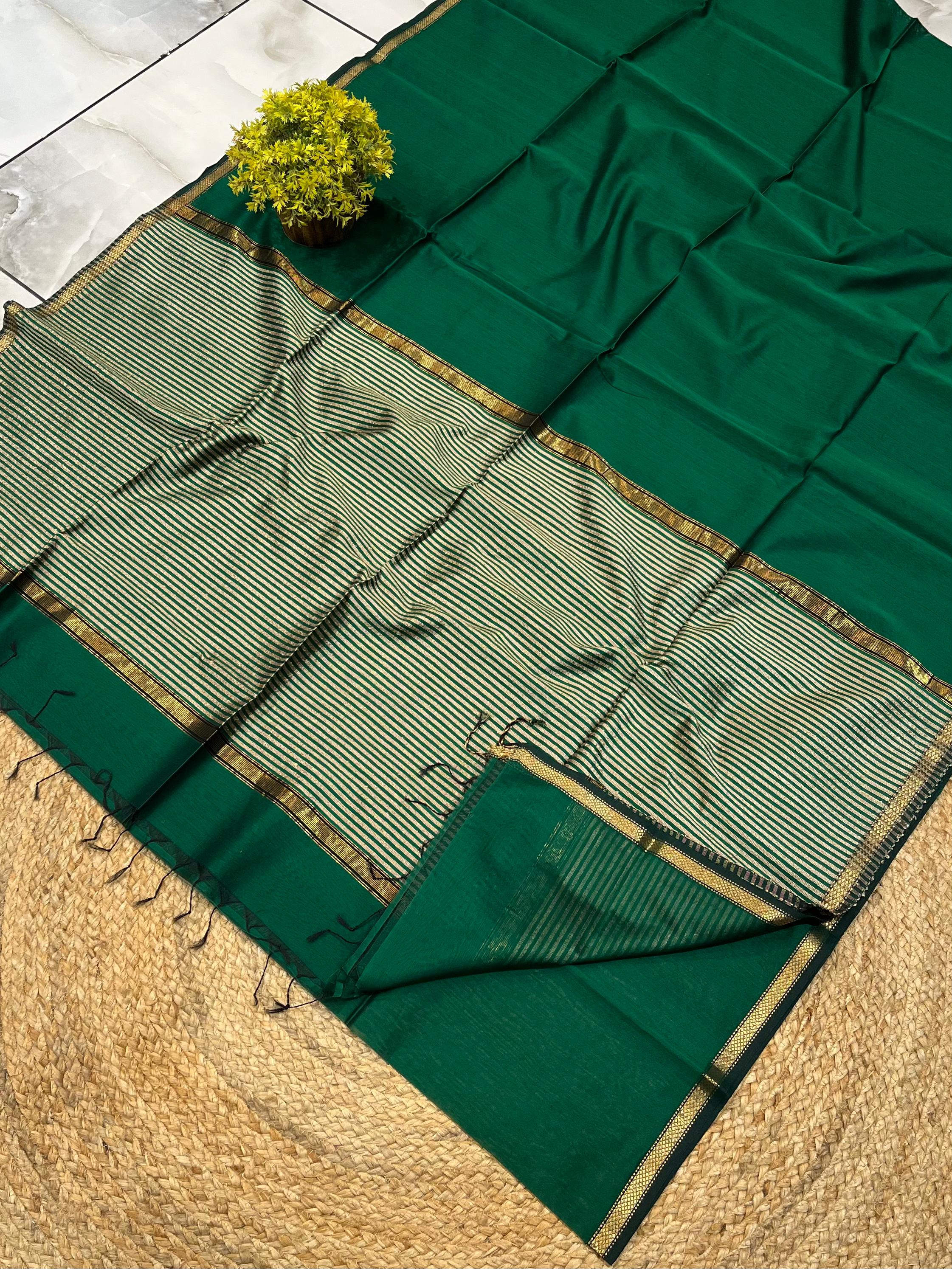 Bottle Green Saree with Golden Striped Border