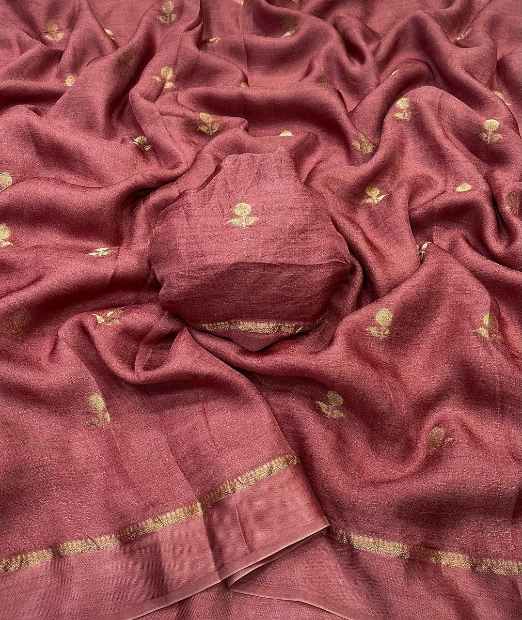 Rust Brown Saree with Golden Butta & Elegant Border