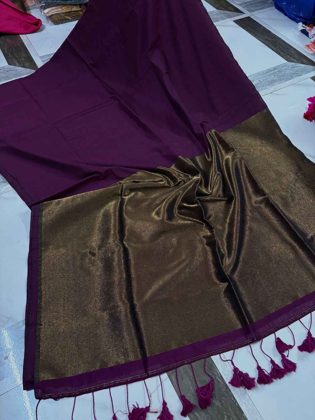 Regal Wine Saree with Golden Border and Tassels