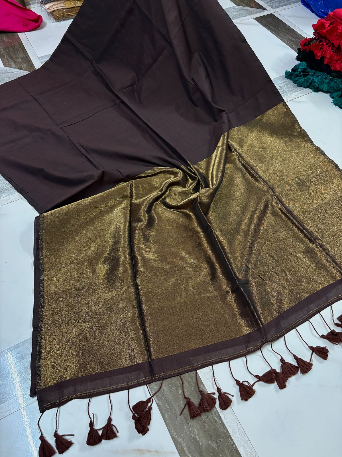 Stylish Coffee Brown Saree with Golden Border and Tassels