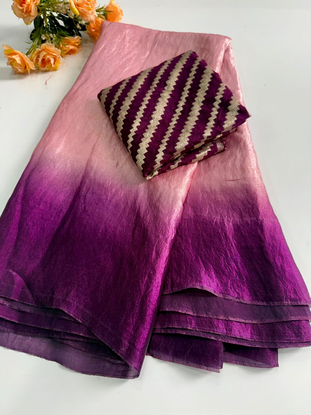 Elegant Purple Ombre Cotton Silk Saree with Contrast Blouse