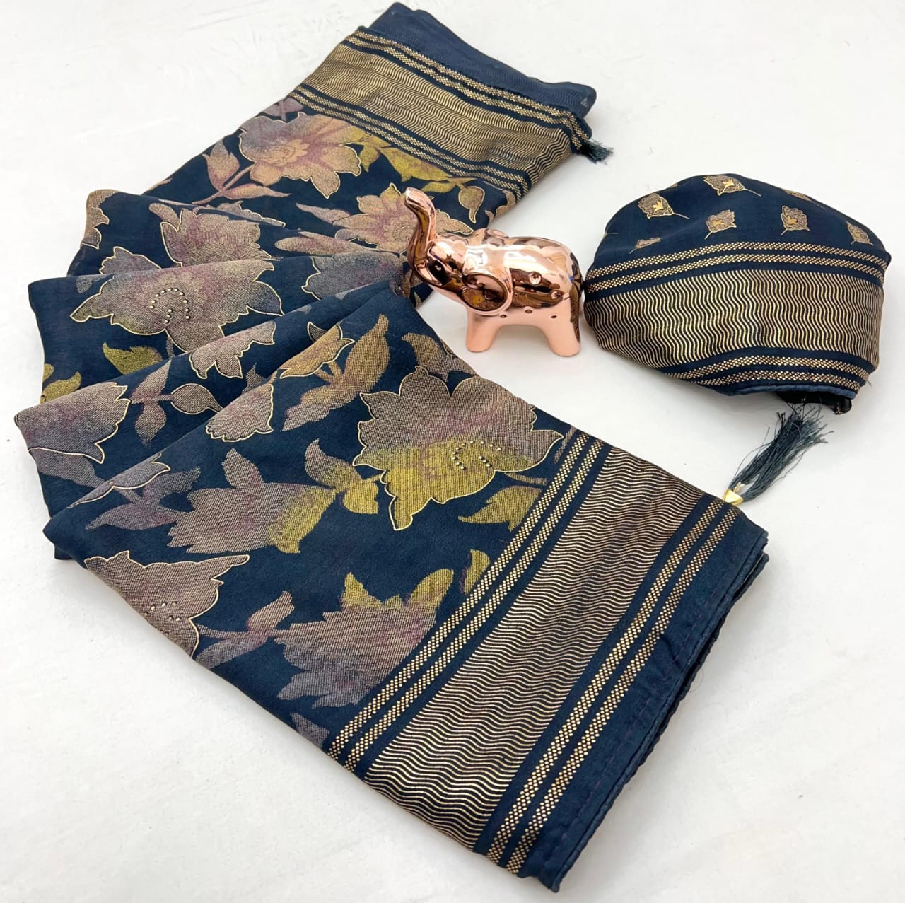 Navy Blue Floral Zari Saree