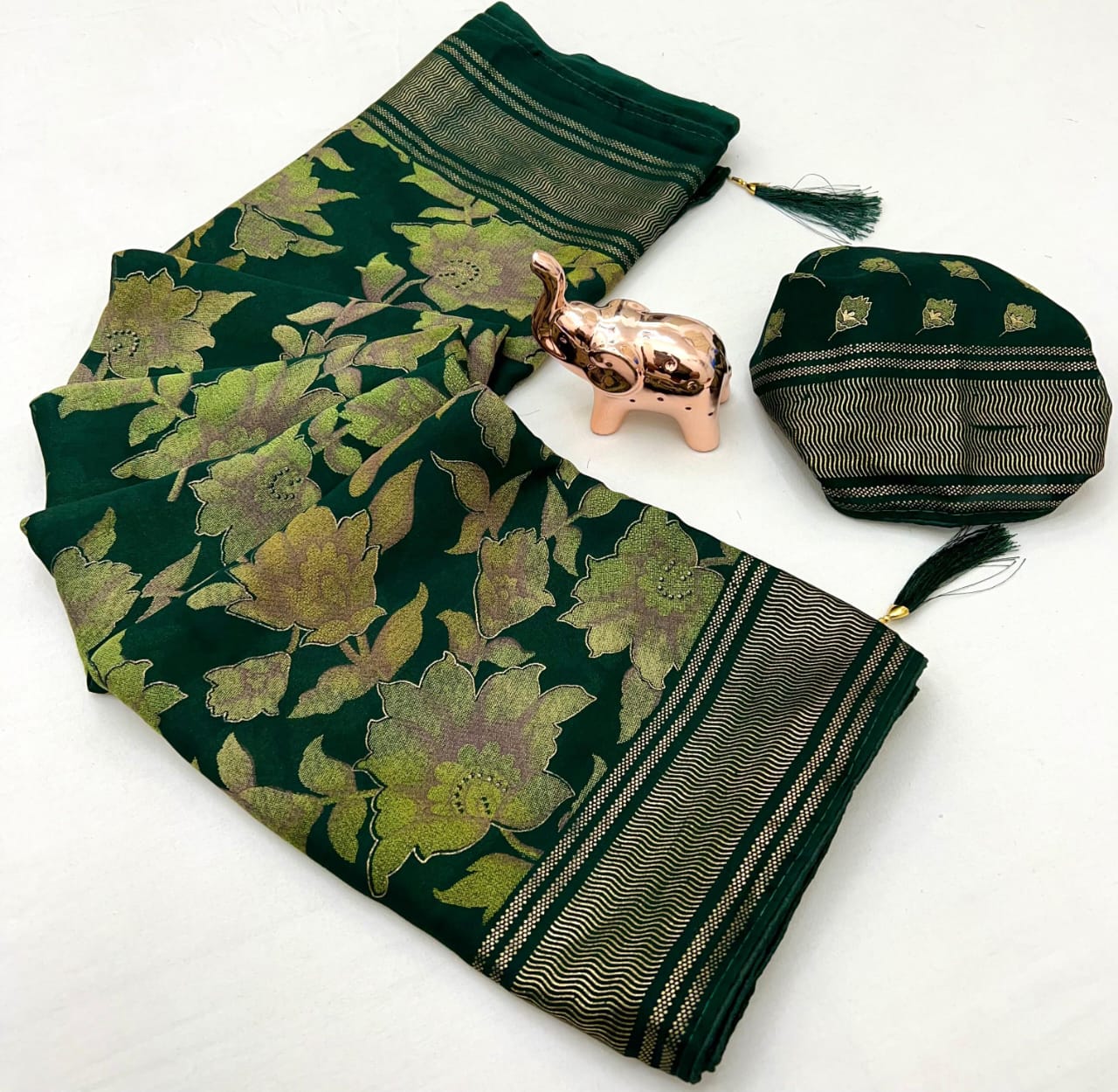 Emerald Green Floral Zari Saree